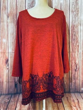 Women’s XXL Blouse Clover Pine Knit Red 3/4 Sleeves U Neck Soft